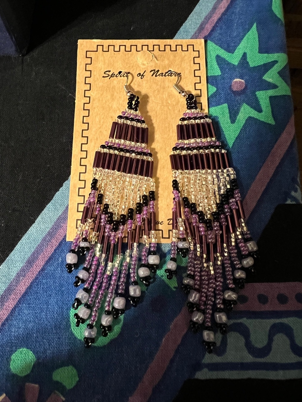 Beaded Fringe Drop Earrings - Purple and Silver